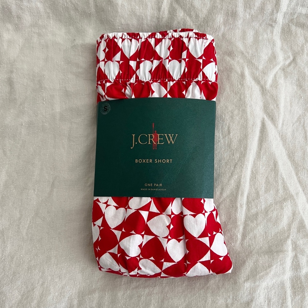 J. Crew NWT men’s red white heart valentine check cotton boxer shorts Small